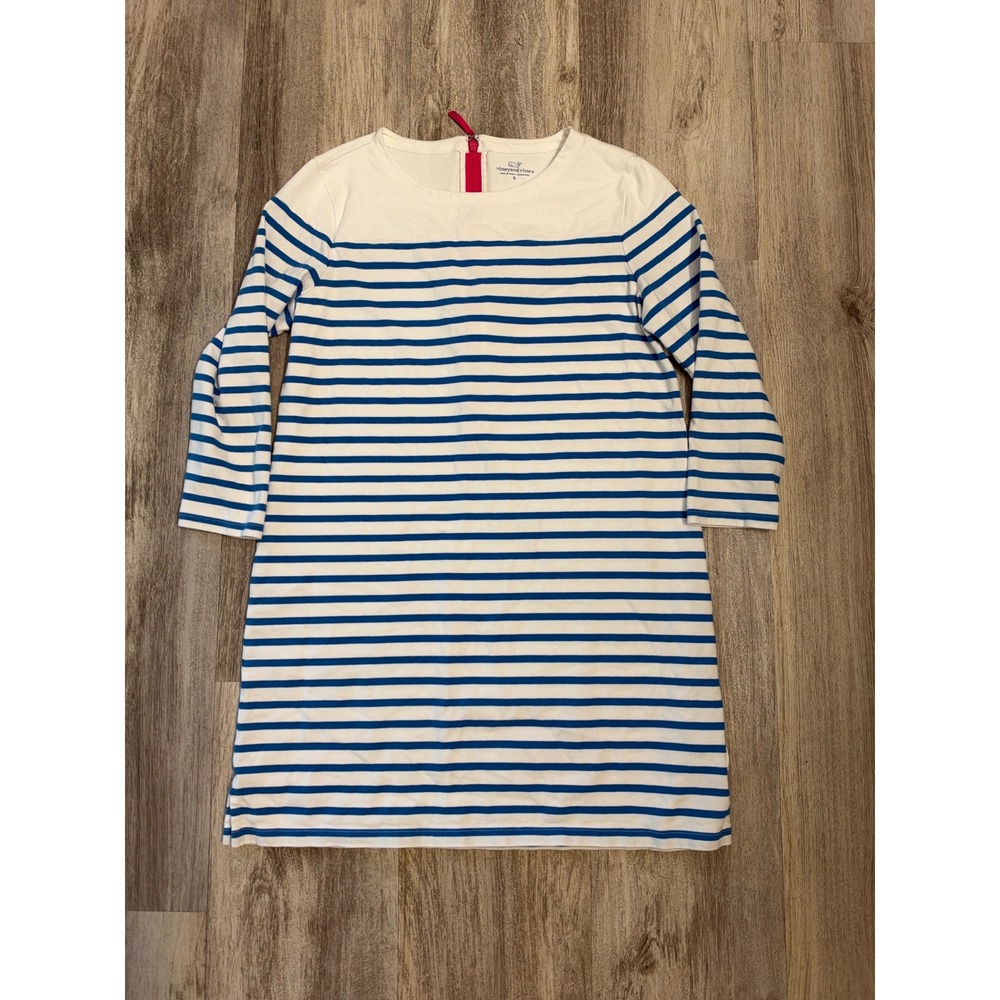 Vineyard Vines Womens Blue White Striped Cotton T-Shirt Dress Pink Zipper Large